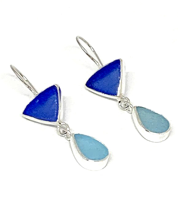 Cobalt & Bright Aqua Sea Glass Double Drop Earrings