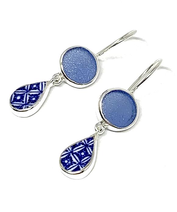 Steel Blue Sea Glass with Blue & White Graphic Vintage Pottery Double Drop Earrings