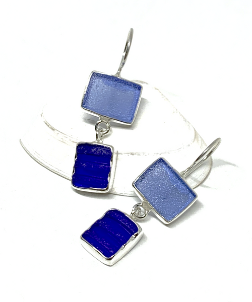 Denim Blue & Textured Cobalt Sea Glass Double Drop Earrings