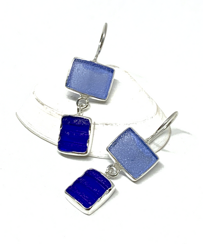 Denim Blue & Textured Cobalt Sea Glass Double Drop Earrings