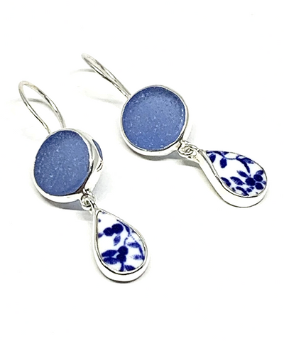 Steel Blue Sea Glass with Blue & White Floral Vintage Pottery Double Drop Earrings