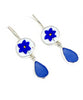 Cobalt Blue Flower Vintage Pottery with  Blue Sea Glass Double Drop Earrings