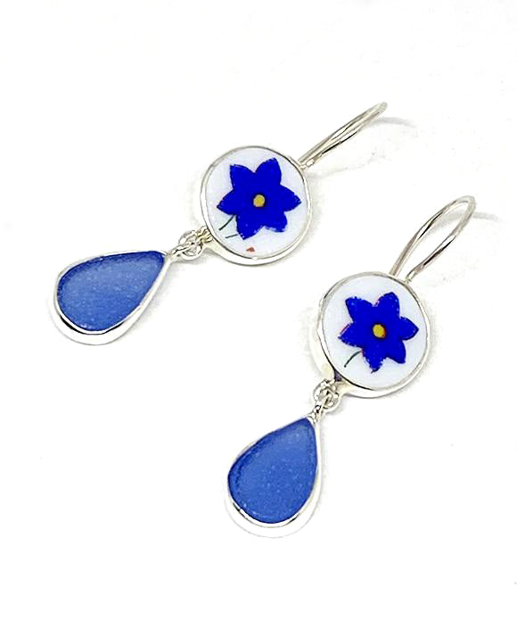Cobalt Blue Flower Vintage Pottery with  Blue Sea Glass Double Drop Earrings