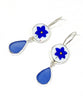 Cobalt Blue Flower Vintage Pottery with  Blue Sea Glass Double Drop Earrings