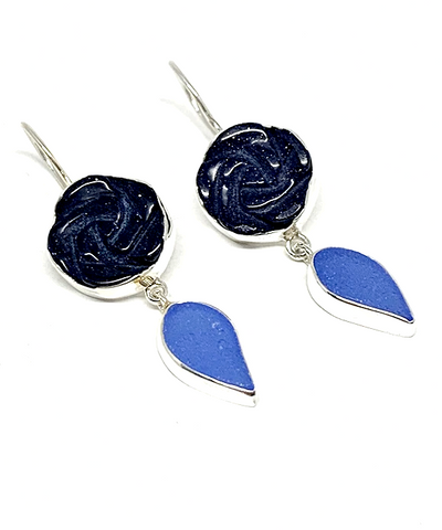 Carved Purple Gold Stone Flower with Blue Sea Glass Leaf Double Drop Earrings