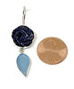 Hand Carved Purple Gold Stone Flower with Steel Blue Sea Glass Leaf Double Drop Earrings