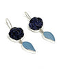 Hand Carved Purple Gold Stone Flower with Steel Blue Sea Glass Leaf Double Drop Earrings
