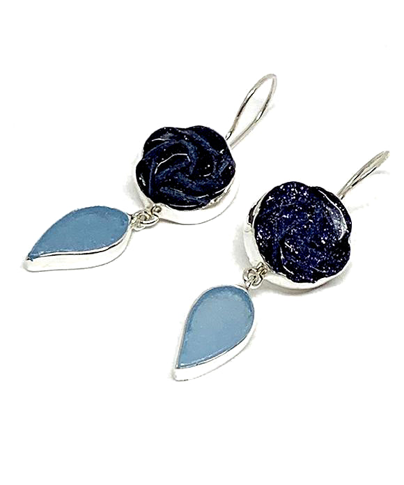 Hand Carved Purple Gold Stone Flower with Steel Blue Sea Glass Leaf Double Drop Earrings