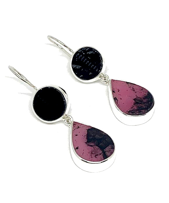 Black Stained Glass with Pink & Black Fused Glass Double Drop Earrings