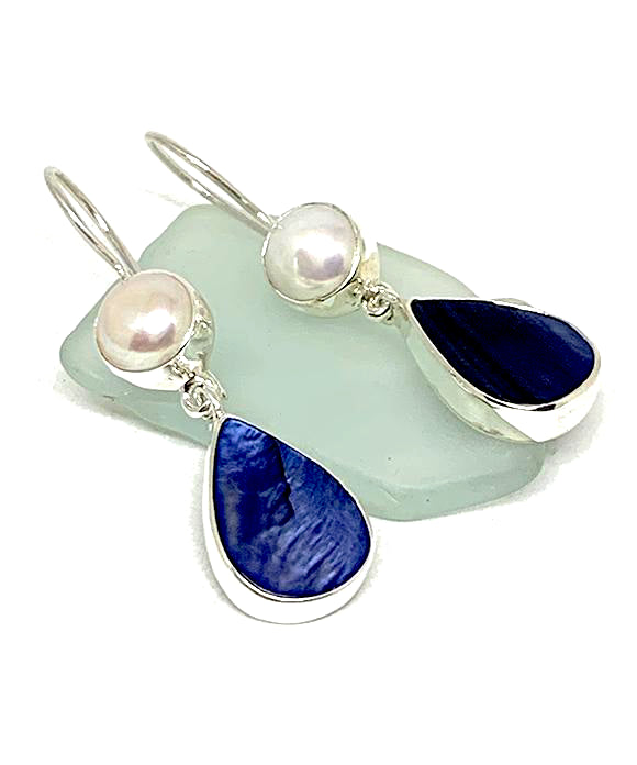 Dark Blue Mother of Pearl with Pearl Double Drop Earrings