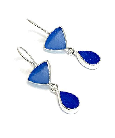 Shades of Blue Sea Glass Double Drop Earrings