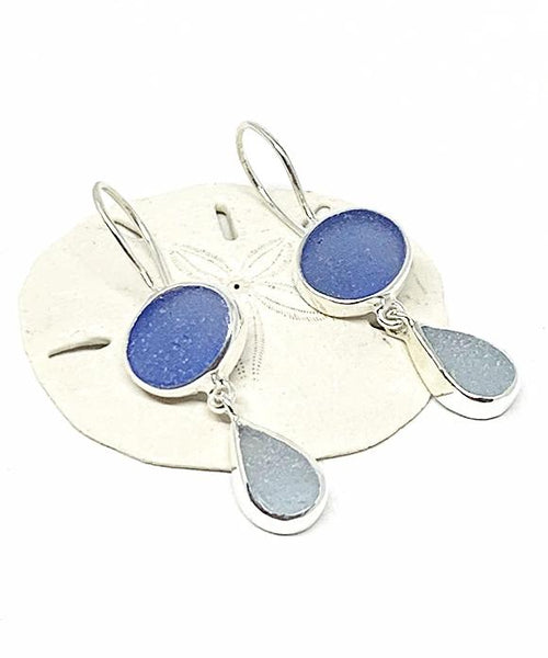 Blue and Light Aqua Sea Glass Double Drop Earrings