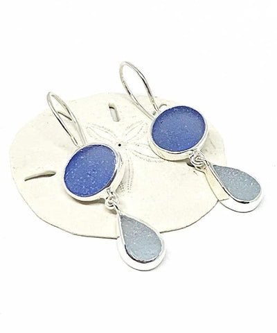 Blue and Light Aqua Sea Glass Double Drop Earrings
