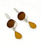 Round Brown and Amber Drop Sea Glass Double Drop Earrings