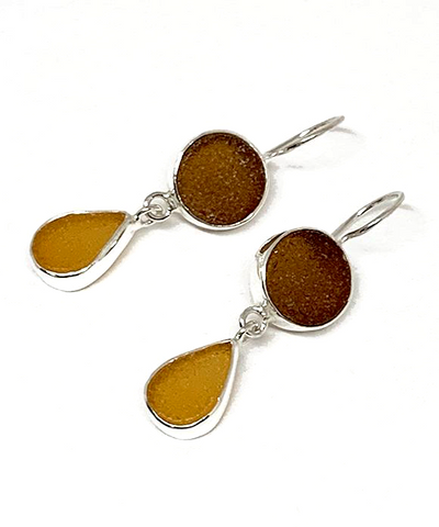 Round Brown and Amber Drop Sea Glass Double Drop Earrings