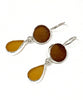 Round Brown and Amber Drop Sea Glass Double Drop Earrings
