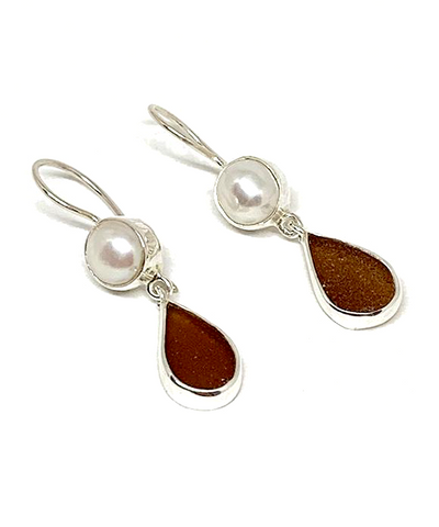 Brown Sea Glass with Pearl Earrings Double Drop Earrings