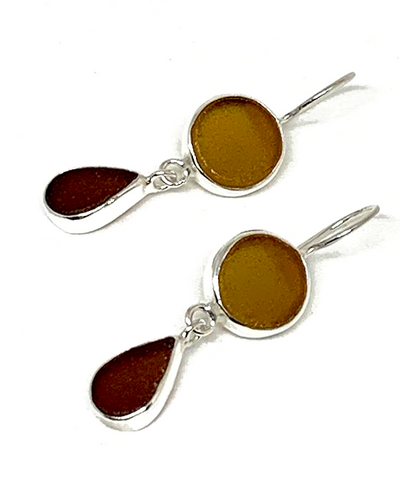 Shades of Brown Drop Sea Glass Double Drop Earrings