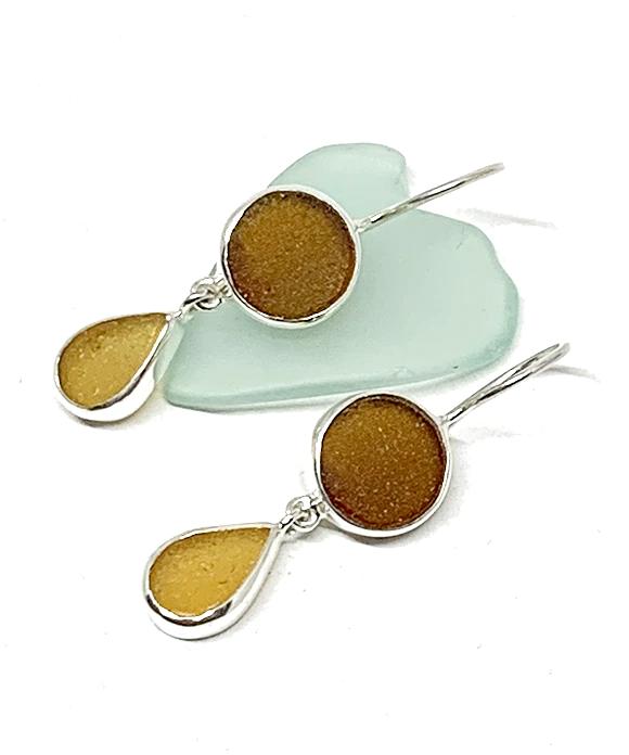 Round Light Brown and Amber Drop Sea Glass Double Drop Earrings