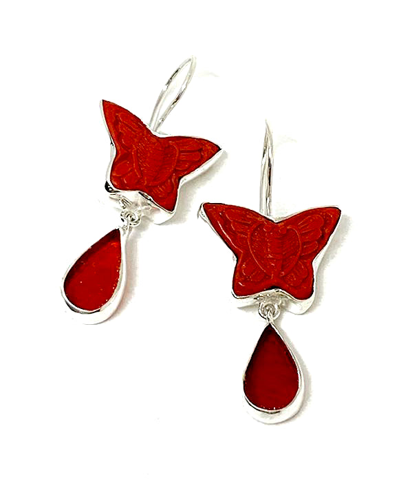 Red Cinnabar Butterfly with Red Stained Glass Double Drop Earrings