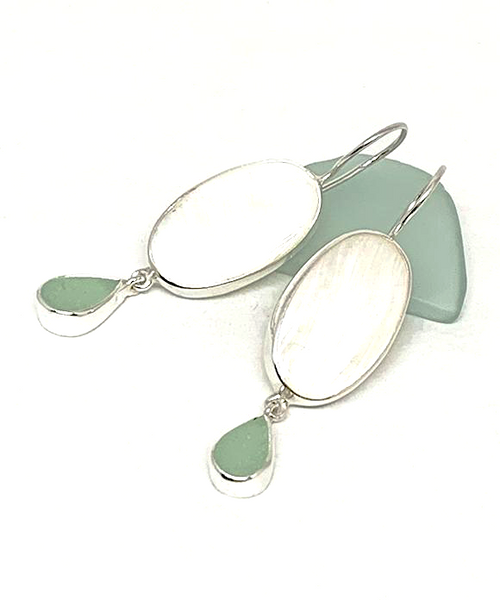 Mother of Pearl & Coke Bottle Blue Sea Glass Double Drop Earrings