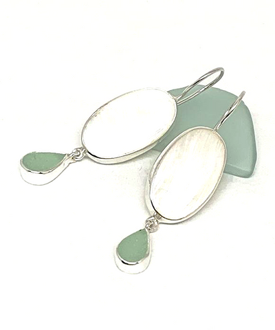 Mother of Pearl & Coke Bottle Blue Sea Glass Double Drop Earrings