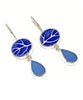 Cobalt Blue Leaf Patterned Vintage Pottery with Blue Sea Glass Double Drop Earrings