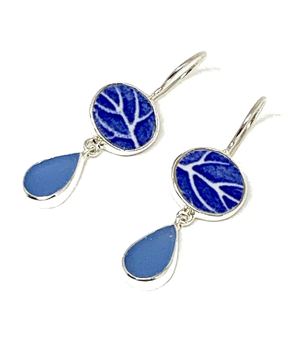 Cobalt Blue Leaf Patterned Vintage Pottery with Blue Sea Glass Double Drop Earrings