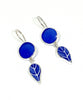 Cobalt Sea Glass with Blue & White Vintage Pottery Leaf Double Drop Earrings