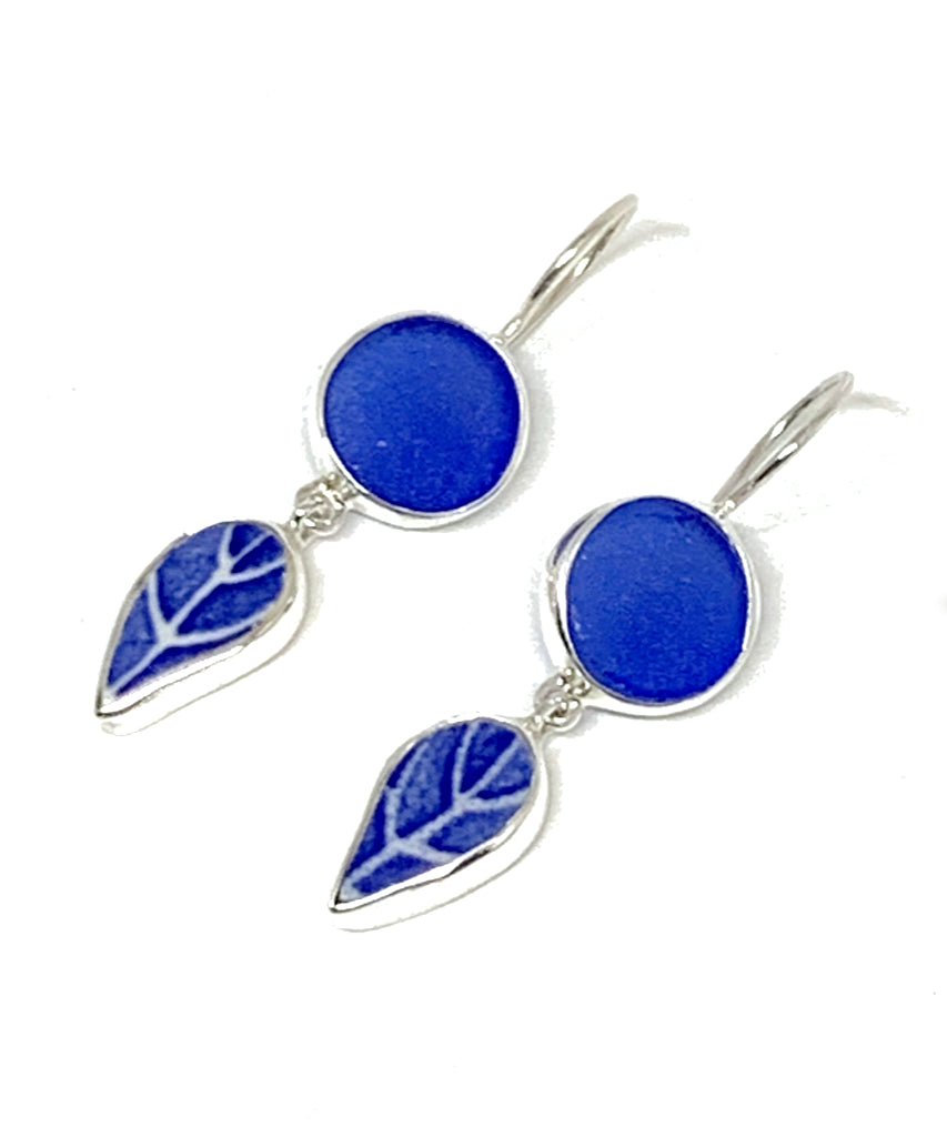Cobalt Sea Glass with Blue & White Vintage Pottery Leaf Double Drop Earrings