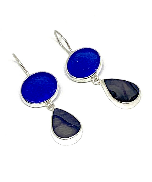 Cobalt Sea Glass & Dark Blue Mother of Pearl Double Drop Earrings