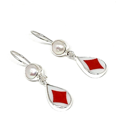 Red Diamond Playing Card Vintage Pottery with Pearl Double Drop Earrings
