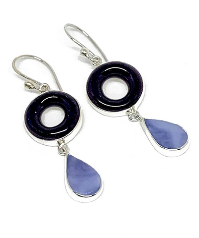Dark Purple Glass Donut & Mottled Purple Stained Glass Double Drop Earrings
