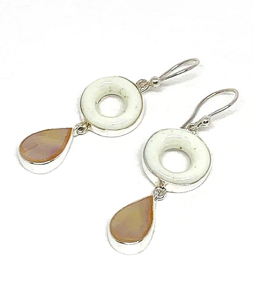 White Glass Donut & Iridescent Peach Stained Glass Double Drop Earrings