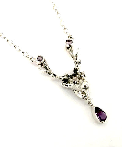 Sterling Deer Head with Jeweled Amethyst Antler Necklace