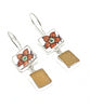 Orange Flower Vintage Pottery with Dark Amber Sea Glass Double Drop Earrings