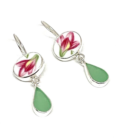 Dark Pink & Yellow Flower Vintage Pottery with Soft Green Sea Glass Double Drop Earrings