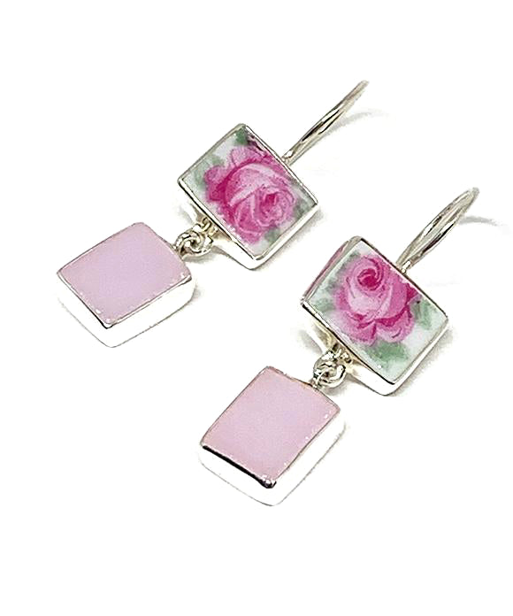 Pink Rose Vintage Pottery with Pink Stained Glass Double Drop Earrings