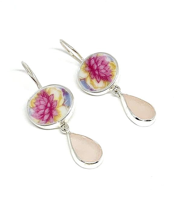 Pink & Yellow Flower Vintage Pottery with Pink Sea Glass Double Drop Earrings