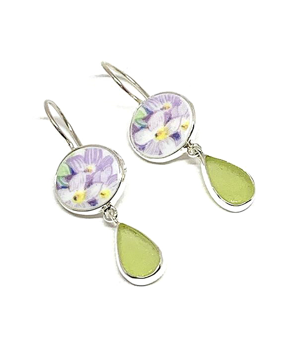 Soft Lavender Flower Vintage Pottery with Lime Green Sea Glass Double Drop Earrings