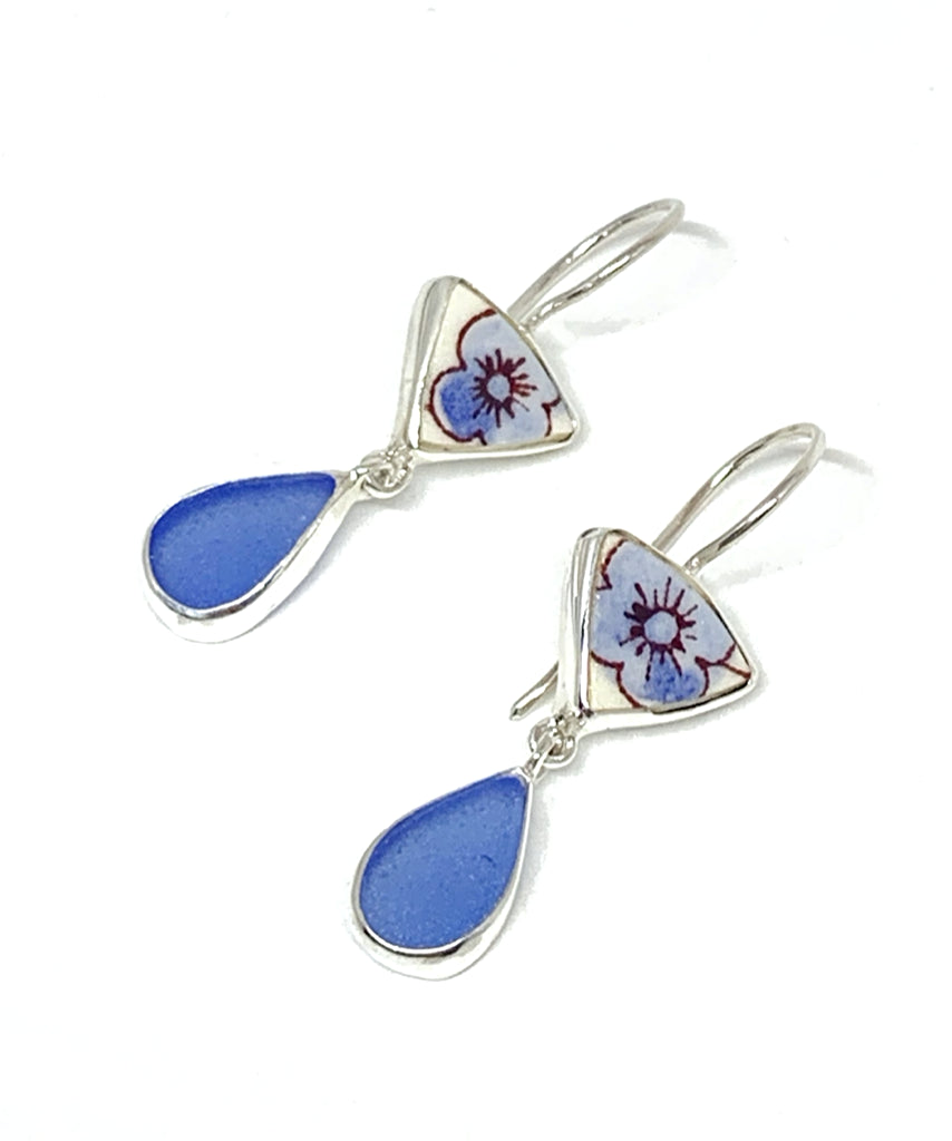 Blue Flower Vintage Pottery with Denim Blue Sea Glass Double Drop Earrings