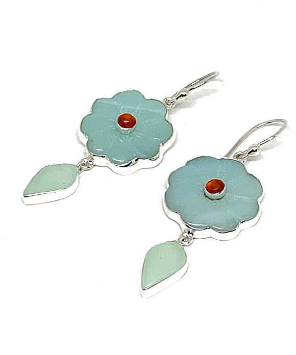 Hand Carved Amazonite Stone Flower with Carnelian and Coke Sea Glass Leaf Double Drop Earrings