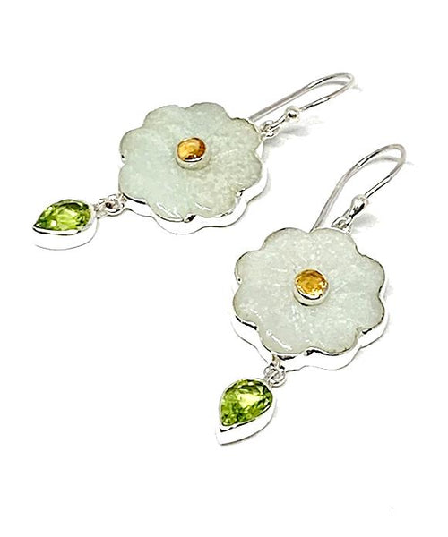 Hand Carved Amazonite Stone Flower with Faceted Stone Leaf Double Drop Earrings
