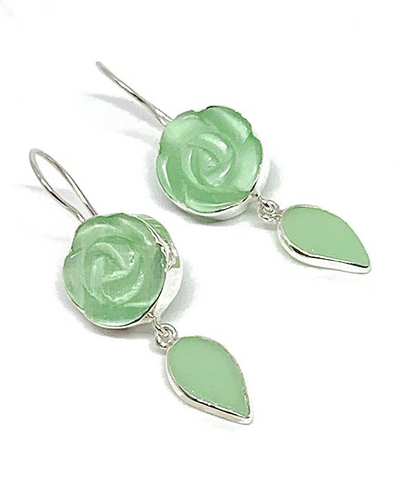 Carved Stone Flower with Green Stained Glass Leaf Double Drop Earrings