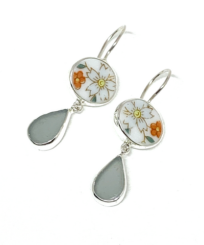 Soft Blue Flower Vintage Pottery with Light Grey Sea Glass Double Drop Earrings