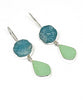 Hand Carved Amazonite Flower with Jadeite Sea Glass Leaf Double Drop Earrings