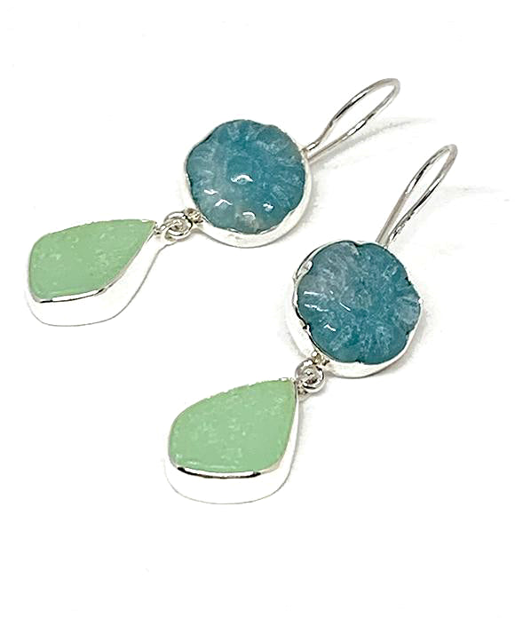 Hand Carved Amazonite Flower with Jadeite Sea Glass Leaf Double Drop Earrings