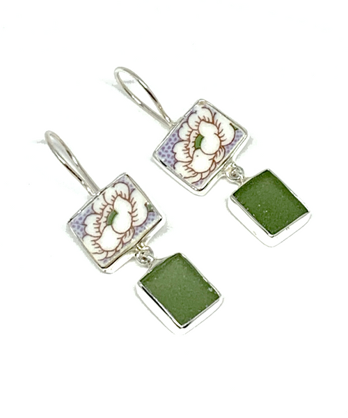 White Flower Vintage Pottery with Olive Sea Glass Double Drop Earrings
