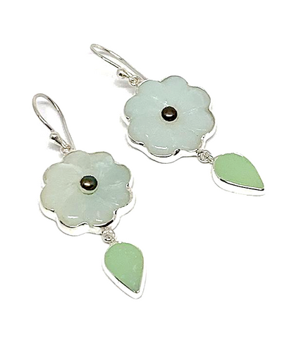 Hand Carved Amazonite Stone Flower with Pearl and Mint Sea Glass Leaf Double Drop Earrings