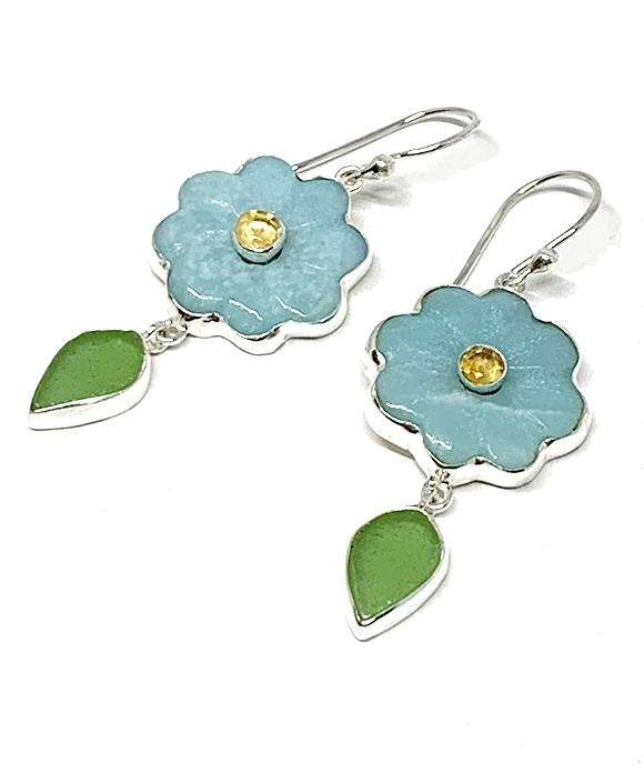 Hand Carved Amazonite Stone Flower with Faceted Citrine and Green Sea Glass Leaf Double Drop Earrings